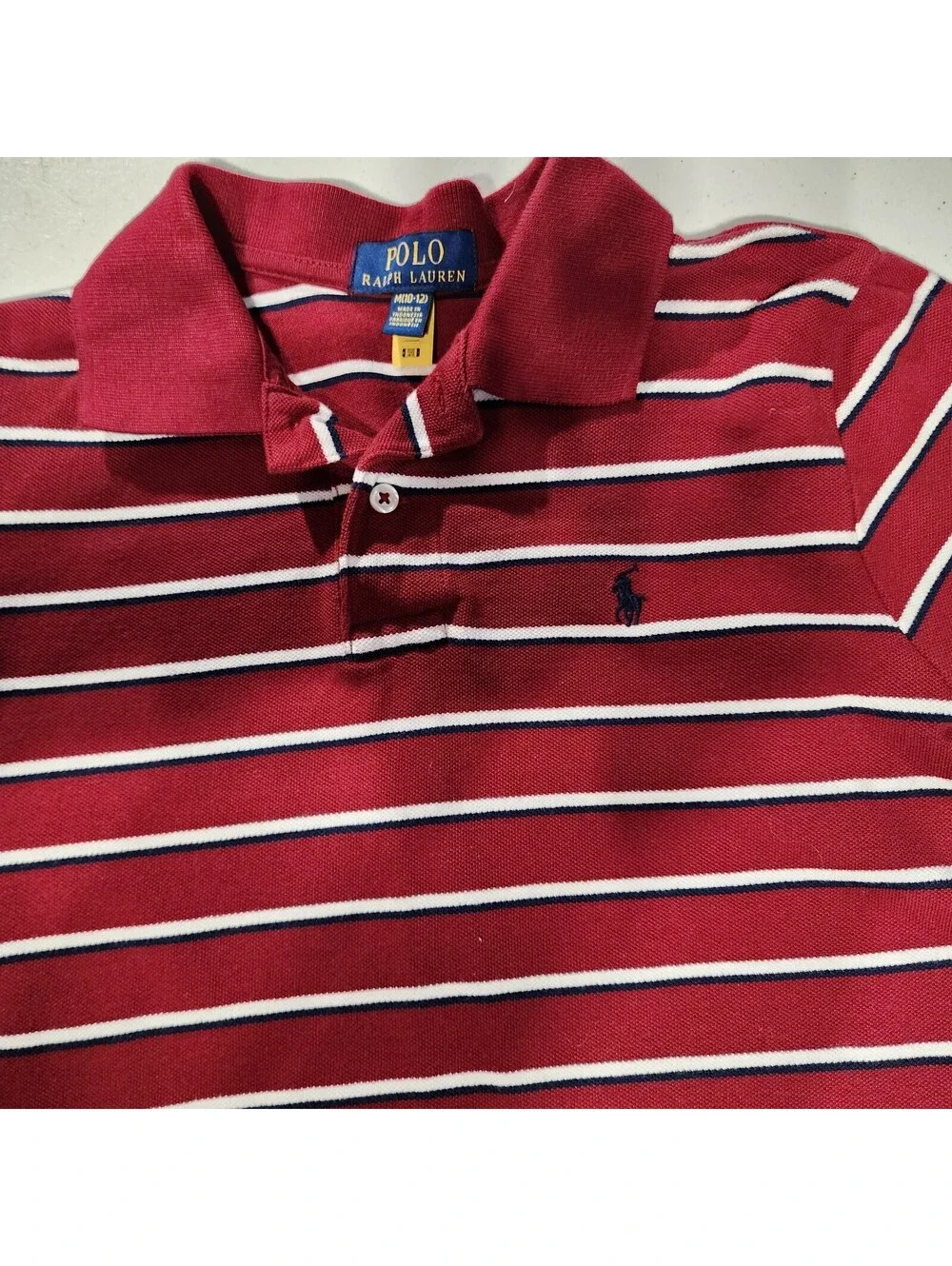 Polo Ralph Lauren Boys Red White Striped Polo Shirt M (10-12) Short Sleeve Logo
